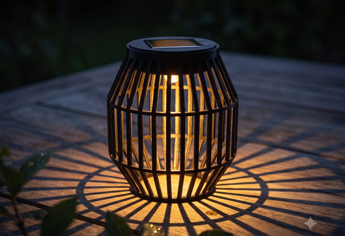 Sommerlicht 15 bei Nacht: Das warme LED-Licht wirft ein strahlenförmiges Schattenmuster auf den Gartentisch